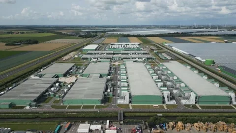 Drone Shot of Massive Data Center Campus in Eemshaven, Netherlands Stock Footage 314637607