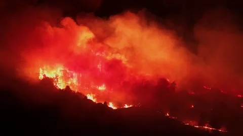Drone Shot of Massive Wildfire at Night in the Amazon Forest, Brazil Stock Footage 345376831