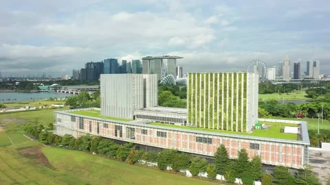 Drone shot of MCE Ventilation Building , Marina Barrage, Singapore Stock Footage 151567096