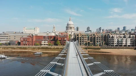Drone shot Millenium bridge and St. Paul's Cathedral, almost nobody - 4K S03 Stock Footage 130122417