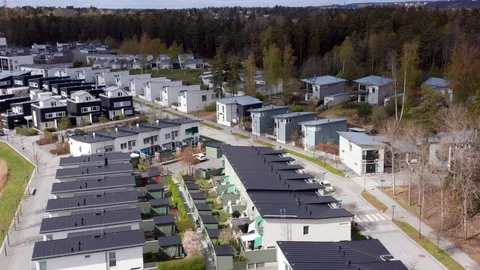 Drone shot modern family houses terraced townhouse neighborhood. Aerial Stock Footage