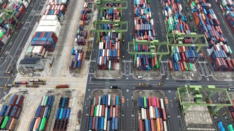 Drone shot of modern industrial container port of Singapore with containers Stock Footage 300212114