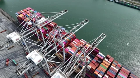 Drone shot of modern industrial container port of Rotterdam with containers Stock Footage 331647267