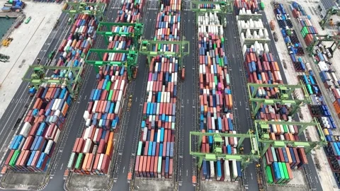 Drone shot of modern industrial container port of Singapore with containers Stock Footage 332973774