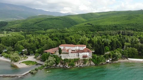Drone shot of the monastery of St. Naum Video stock 155583051