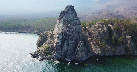 Drone shot mountain on the coast of Baikal in summer. Stock Footage 123778751