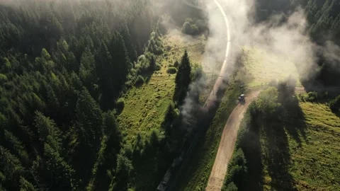 Drone shot of a moving train in the forest from above Stock Footage 205150139