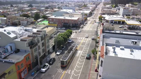 Drone shot of muni in the Sunset District in San Francisco 4k 스톡 동영상 235633079
