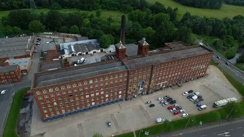 Drone shot of a old industry chimney in Manchester, England, ultra wide Stock Footage 71837565