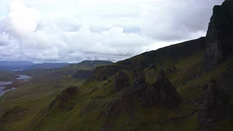 Drone shot of the Old Mann of Storr on the island Isle of Skye, Scotland. Stock Footage 201212611