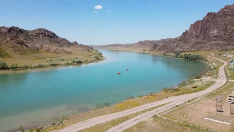 Drone shot of old train dump near river Ili Kazakhstan Stock Footage 193917953