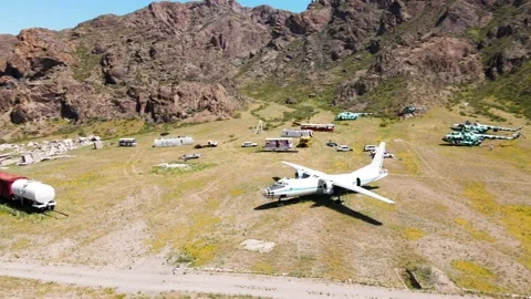 Drone shot of old train dump near river Ili Kazakhstan Stock Footage 193920480