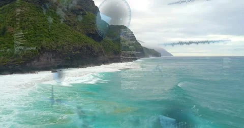 Drone shot opening, cliff facing left, tech sphere and waveform emerging, Stock Footage 333829817