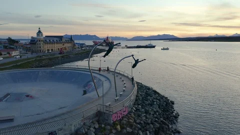 Drone Shot Orbiting an Art Installation in Puerto Natales Stock Footage 100682332