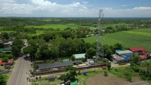 Drone Shot Orbiting Cell Tower Powered By Solar Panels Near Sugarcane 스톡 동영상 345061923
