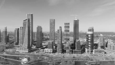 Drone shot orbiting condos. Humber Bay Shores, Etobicoke. Black &amp; white. 4K. Stock Footage 267088376
