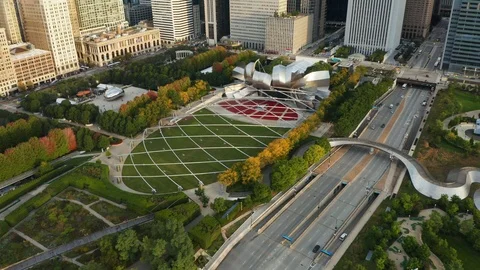 Drone Shot Orbiting Jay Pritzker Pavilion at Sunrise Stock Footage 100573064