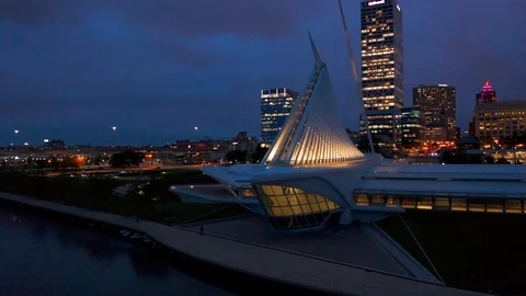 Drone Shot Orbiting the Milwaukee Skyline at Blue Hour Stock Footage