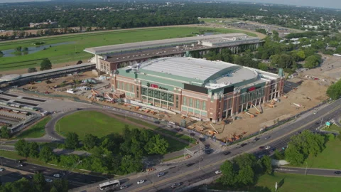 Drone Shot Orbiting the UBS Arena Under Contruction at Belmont Park Race Track Stock Footage 235504136