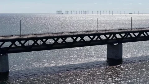 Drone shot of Oresund Bridge between Denmark and Sweden Stock Footage 336189320