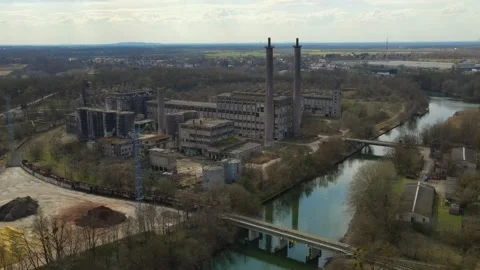 Drone Shot over Abandoned Building with River Stock Footage