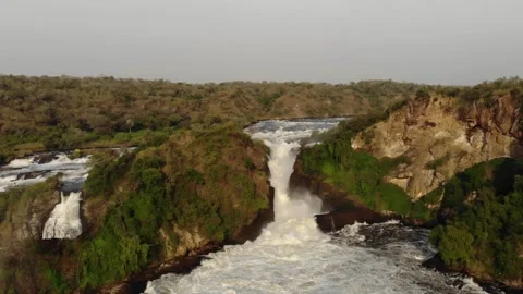 Drone shot over the African river NIle in a bay and a powerful waterfall. Stock Footage 201264787
