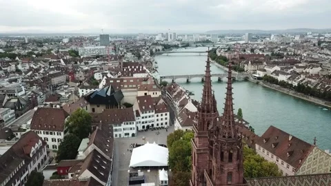 Drone shot over Basel Minster Cathedral spires with Rhine river Switzerland Vidéo 140623346