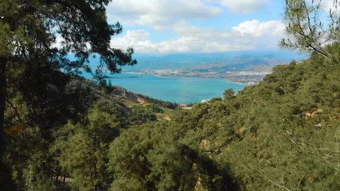 Drone shot over beautiful spring landscape with mountains, forest and sea Stock Footage 123479117
