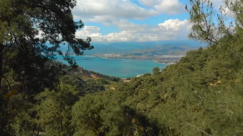 Drone shot over beautiful spring landscape with mountains, forest and sea Stock-Footage 123479310