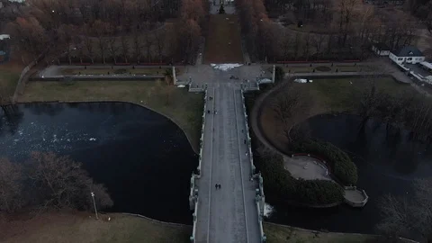 Drone shot over bridge in Statue Park, Oslo, Norway Stock Footage 124030456