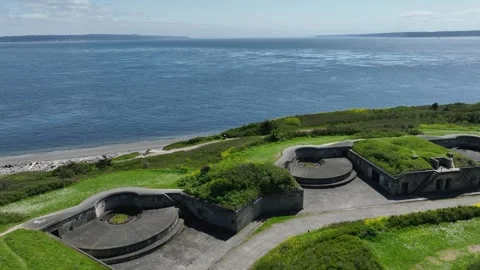 Drone shot over concrete bunkers at Fort Casey, Washington State. Stock Footage 310948426