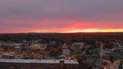 Drone Shot Over Downtown River In Dover New Hampshire Video stock 128197844