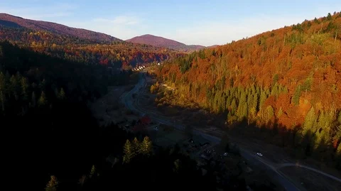 Drone shot over forest road in the Beskid mountains Vídeo Stock 124076327