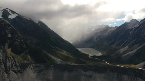 Drone shot over glacial outlet near Mount Cook New Zealand Stock Footage 169828503