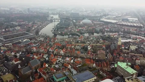 Drone shot over Haarlem city centre Stock Footage