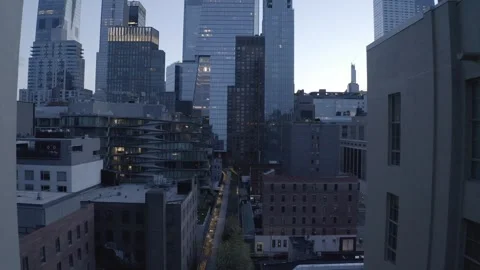 Drone shot over High Line northbound towards Hudson yards skyline, morning, NYC Stock-Footage 248536862