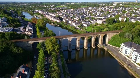 Drone Shot Over Laval Cityscape With Stone Viaduct and Mayenne River Stock Footage 318220280