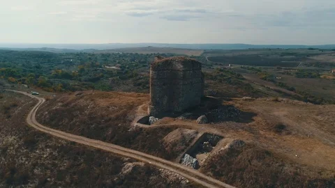 Drone shot over Medieval Byzantine fortress Bukelon, village Matochina, Bulgaria Stockbeeldmateriaal 119719685