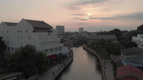 Drone shot over melaka river, houses beside the river,  malaysia Stock Footage 130294085