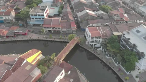 Drone shot over melaka river, houses beside the river,  malaysia Stock Footage 130295638