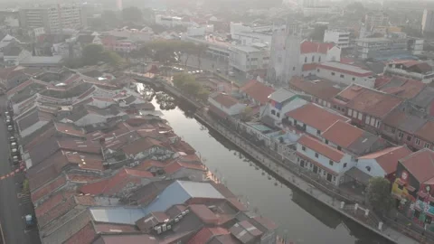Drone shot over melaka river, houses beside the river,  malaysia Stock Footage 130295804
