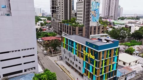 Drone Shot Over Modern Cebu City Hotels With Rooftop Pool and Tropical Garden Stock Footage 331438413