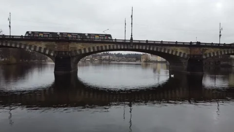 Drone shot over the moldava river in Prague Stock Footage 160982675
