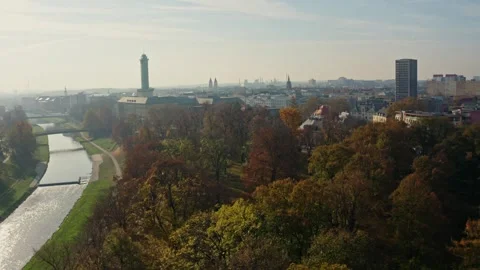 Drone in shot over Park in Ostrava city center in summer 스톡 동영상 332819095