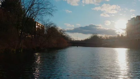 Drone Shot Over River In Dover New Hampshire Towards Bridge Video stock 128990852