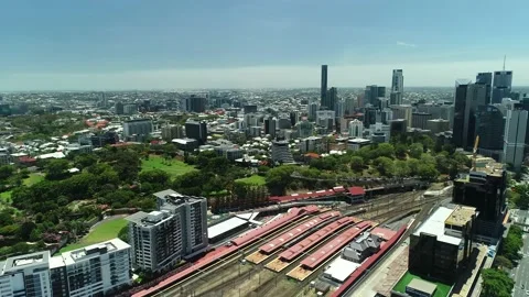 Drone Shot over train station in Brisbane 2032 Olympics Stock Footage 158591662