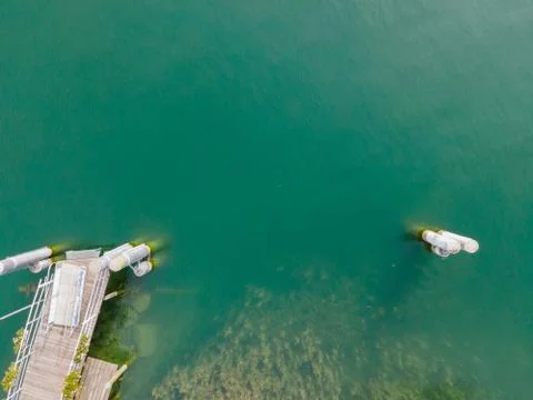 Drone shot over water. Background of lake. Birds view Stock Photos