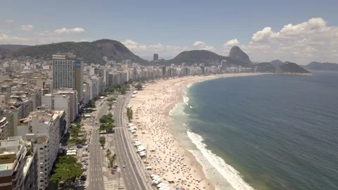 Drone shot overlooking Copacabana beach in Rio De Janeiro, Brazil. Stock Footage