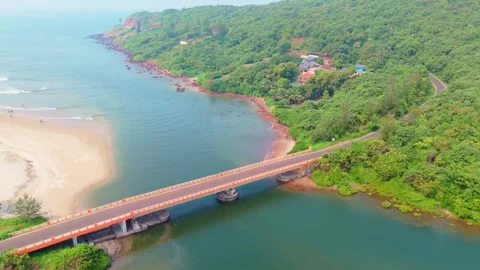 Drone Shot Overpass Linking Ocean Greenery Plus Small houses Stock Footage 314178423
