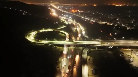 Drone Shot Overpasses Junction at Nighttime Stock Footage 295480009